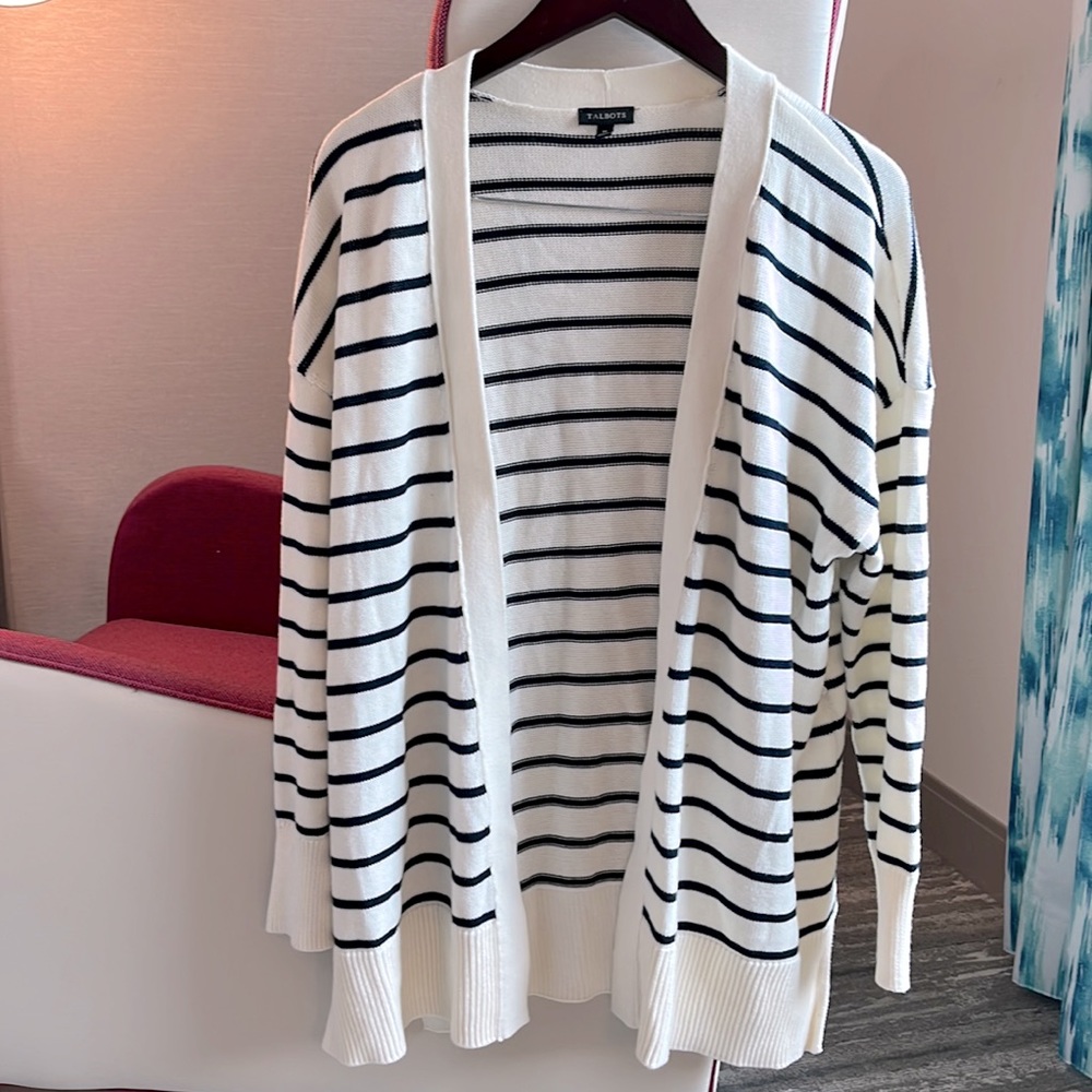 Talbots Cream & Black Striped Open Front Cardigan. 100% Pima Cotton. Sz Medium.